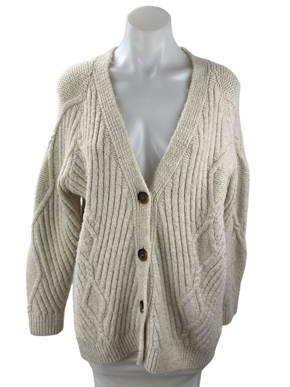 Mark & Spencer Cream Argyle Rib Knit V Neck Button Down Cardigan Sweater Top M
